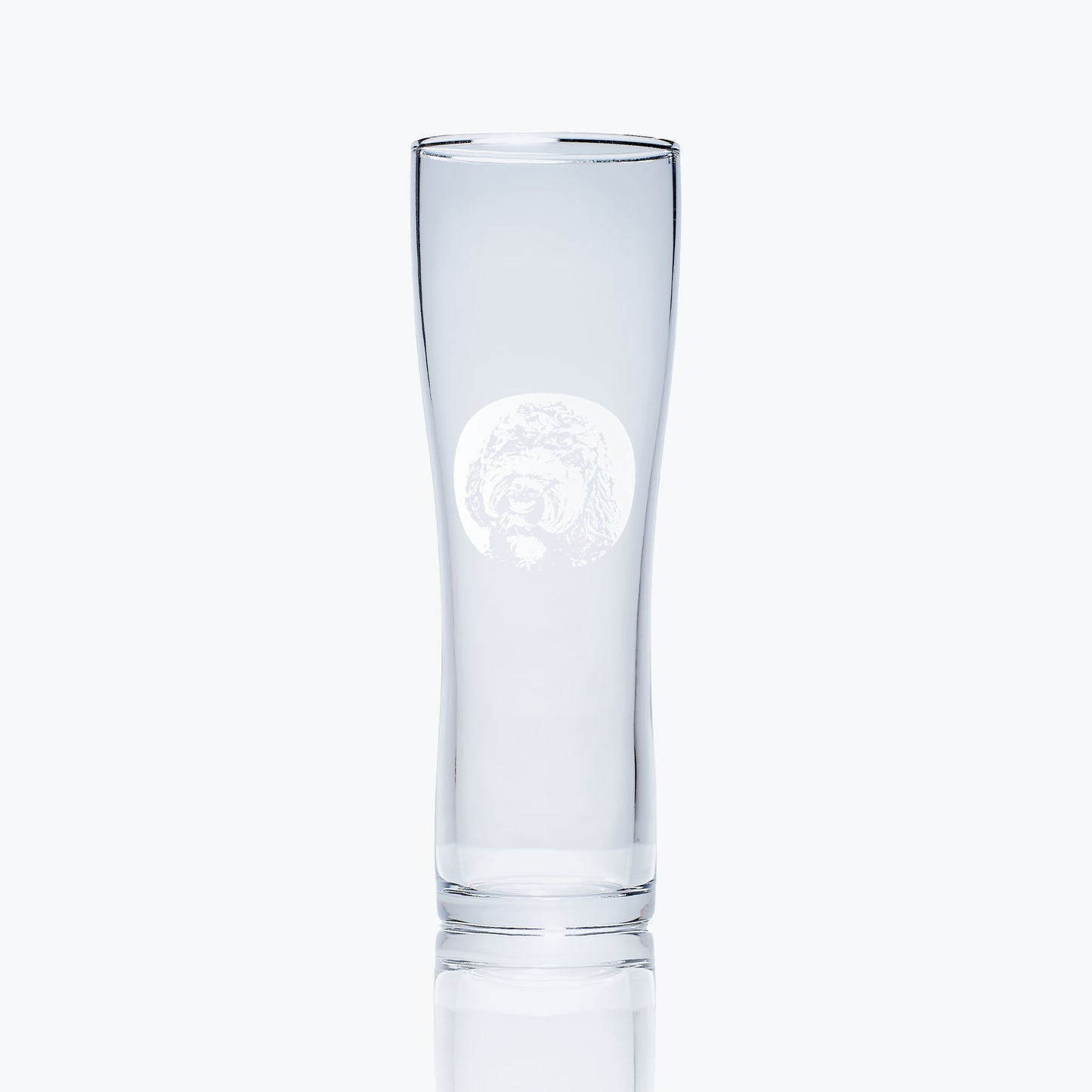 pet dog pint glass engraved with a labradoodle portrait