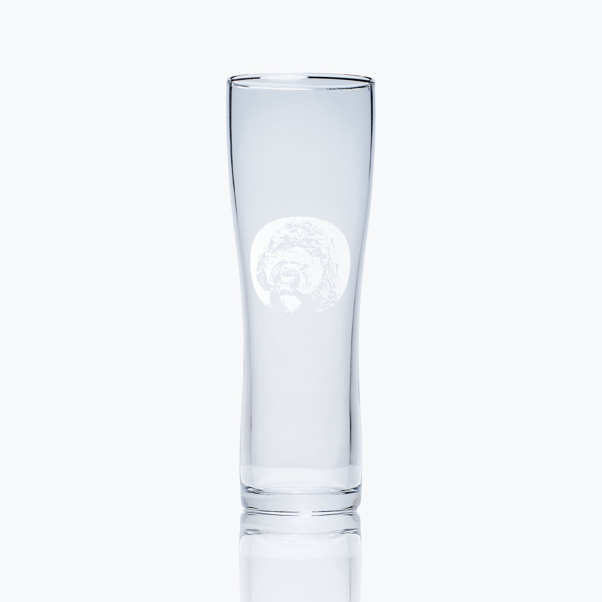 pet dog pint glass engraved with a labradoodle portrait