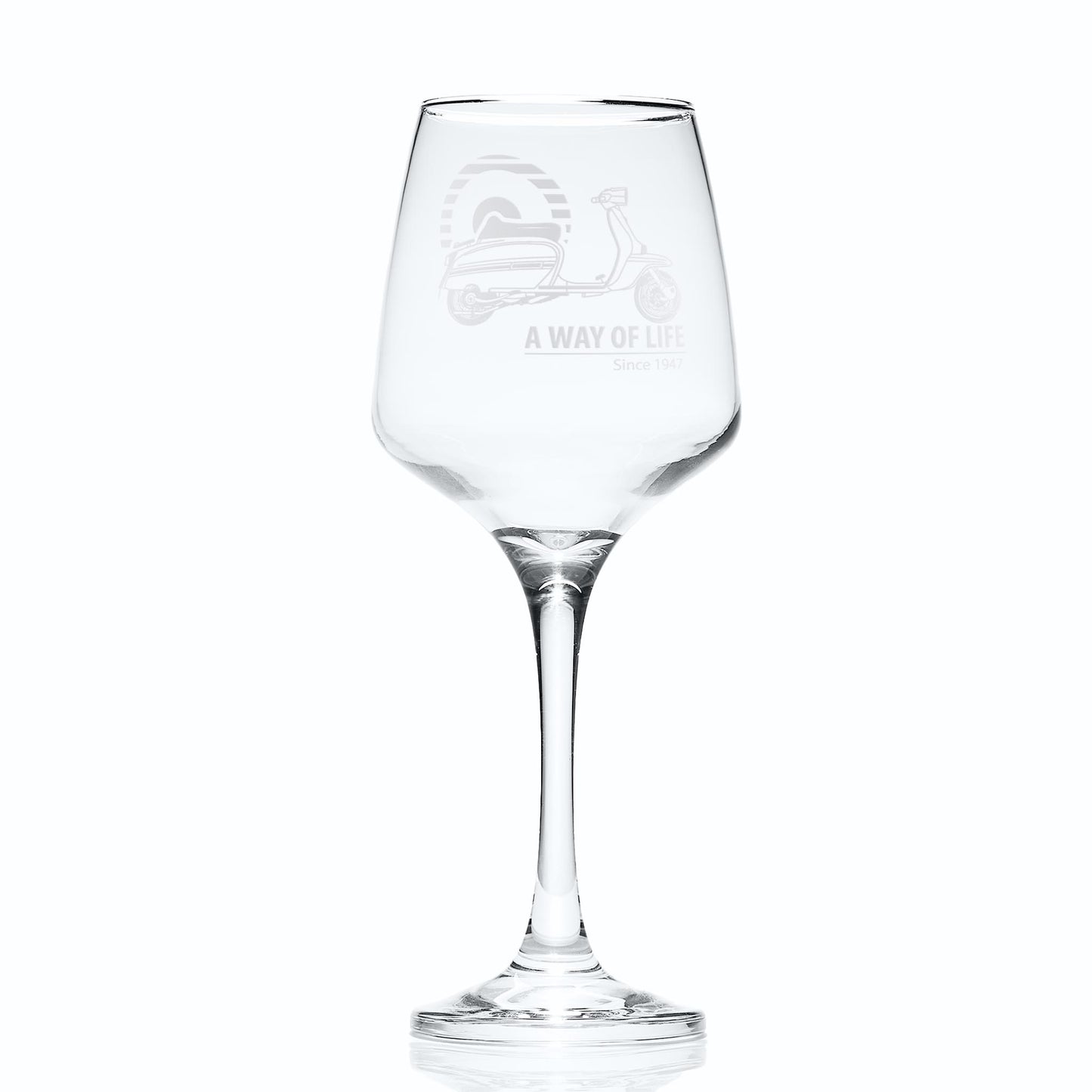 Hand-engraved Lambretta GP wine glass featuring Mod target and GP scooter, on white background for product clarity