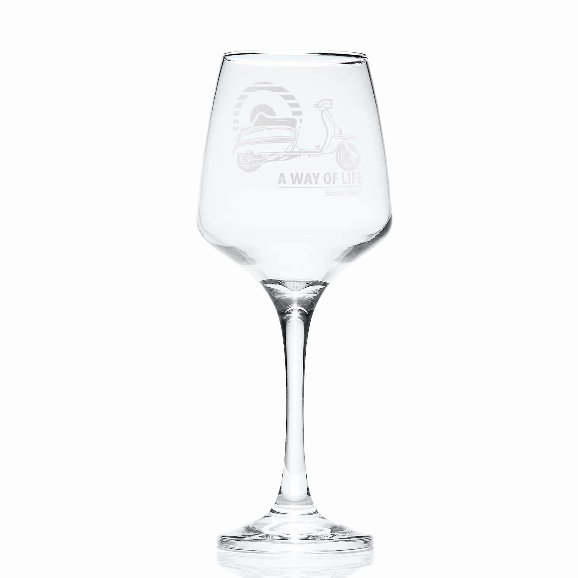 Hand-engraved Lambretta GP wine glass featuring Mod target and GP scooter, on white background for product clarity