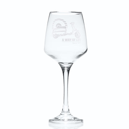 Hand-engraved Lambretta GP wine glass featuring Mod target and GP scooter, on white background for product clarity