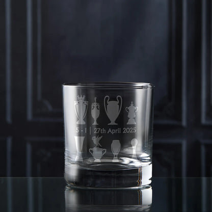 Whiskey tumbler engraved with Liverbird motif, eight football trophy sillhouettes and Liverpool Vs Tottenham match score