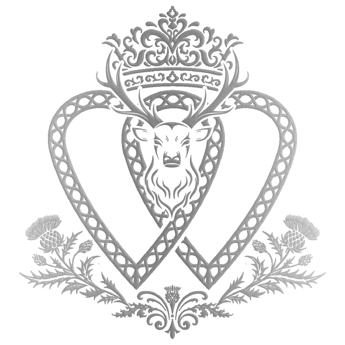 Decorative emblem with a deer in the center of two interlocking hearts, surrounded by thistle flowers on a white background.