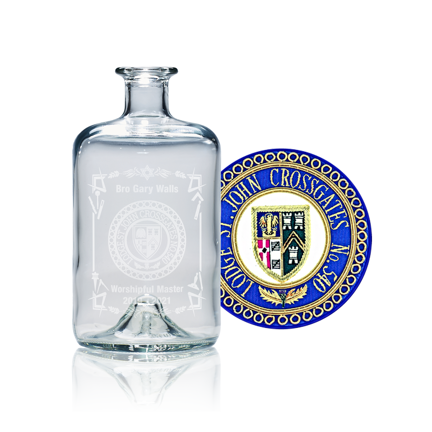 glass apothercary bottle decanter engraved with masonic lodge and freemansonry symbols