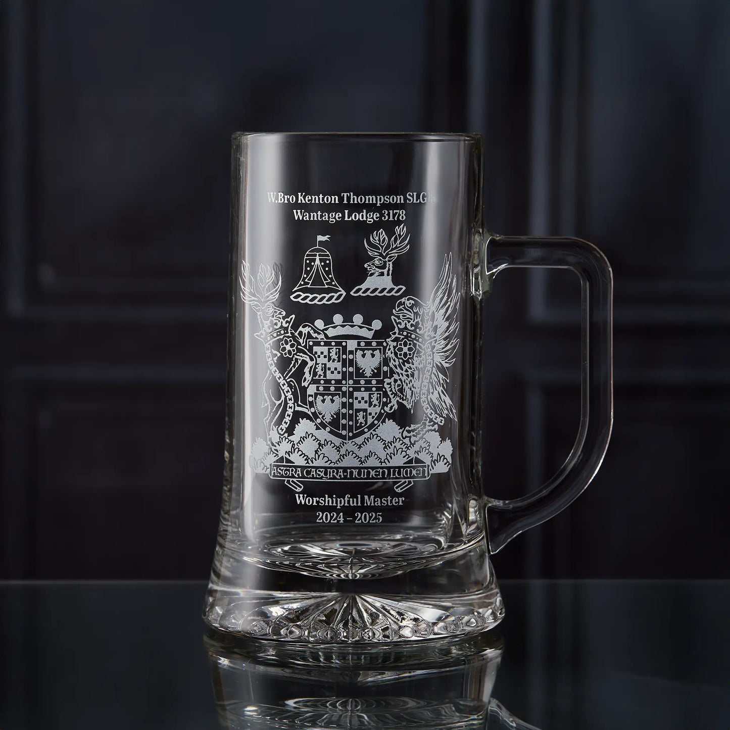 Masonic tankard engraved with a freemason lodge crest and personalised worshipful master text