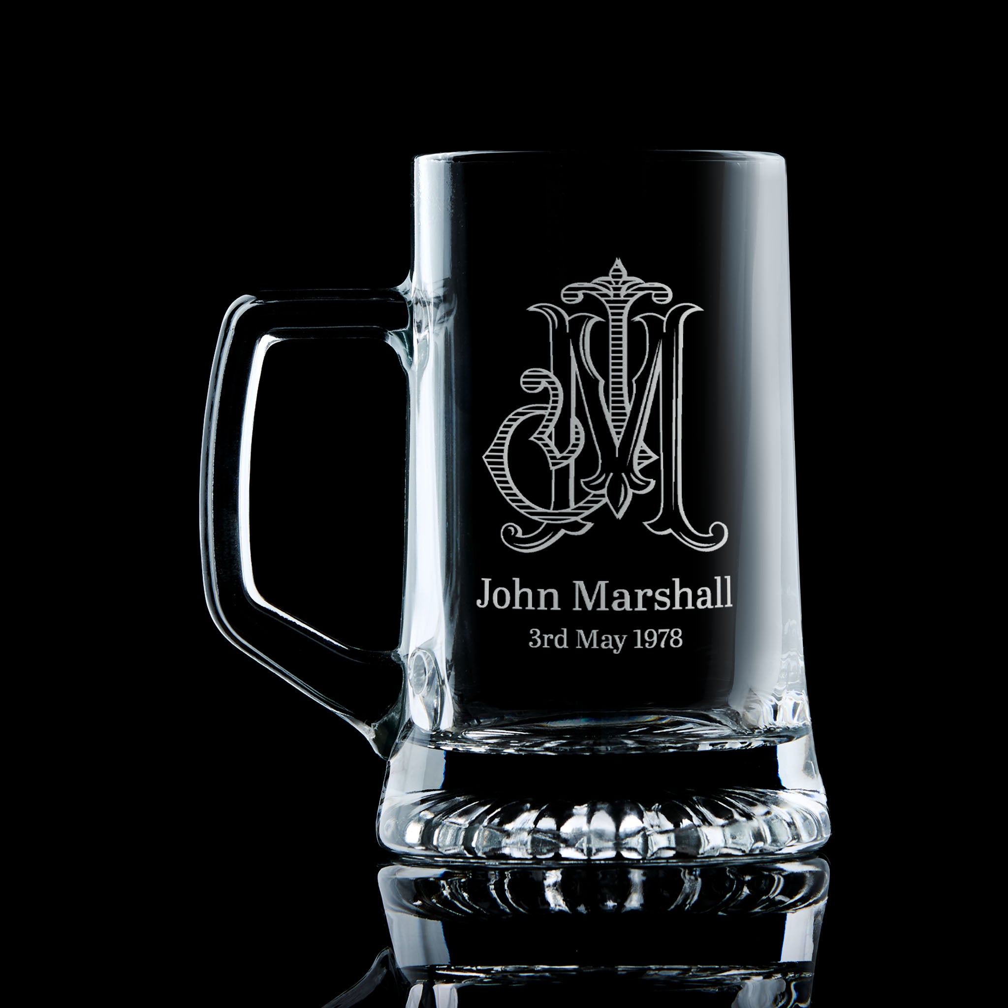 Personalised monogram beer tankard engraved with intertwined initials and a special date