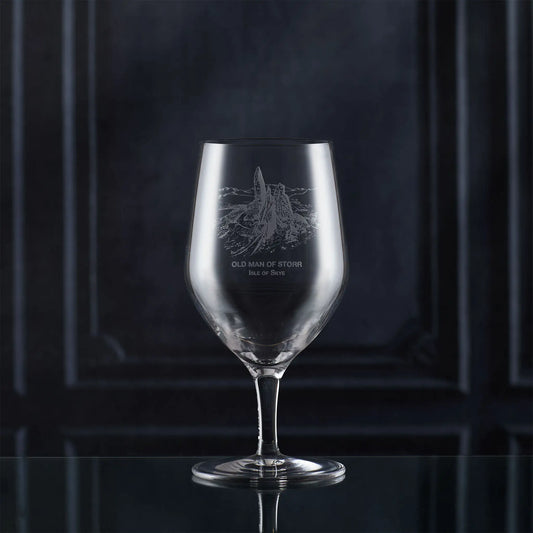 450ml mineral water glass engraved with the Old Man of Storr and Isle of Skye text, shown on dark background.