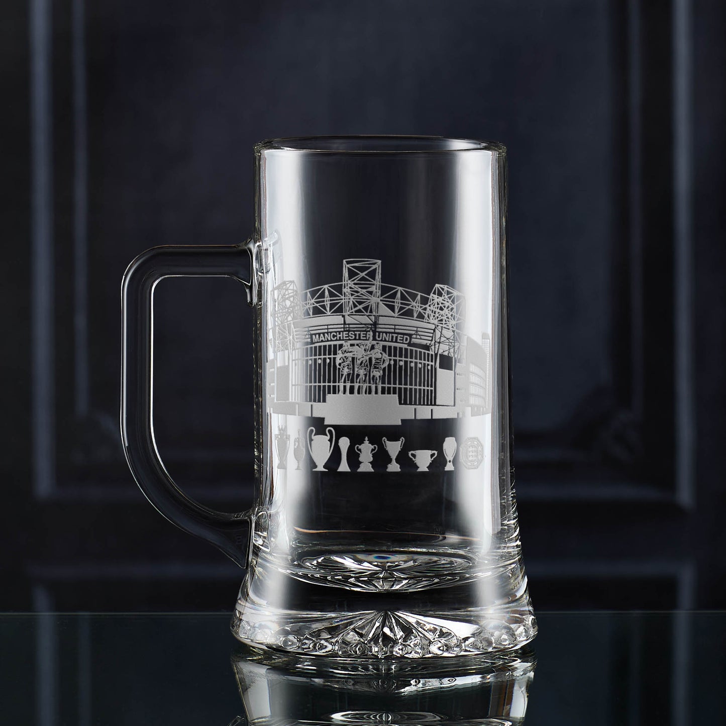 Engraved Old Trafford football stadium line art on a pint tankard with optional custom engraved message.