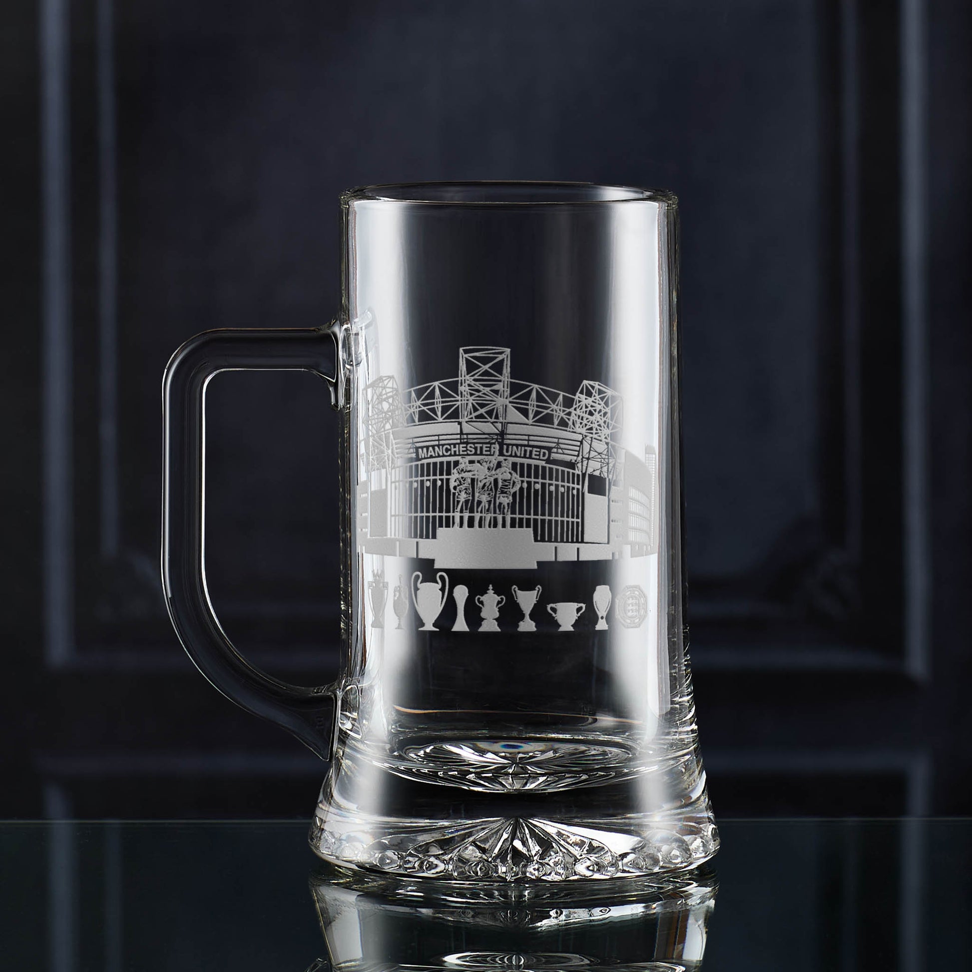 Engraved Old Trafford football stadium line art on a pint tankard with optional custom engraved message.