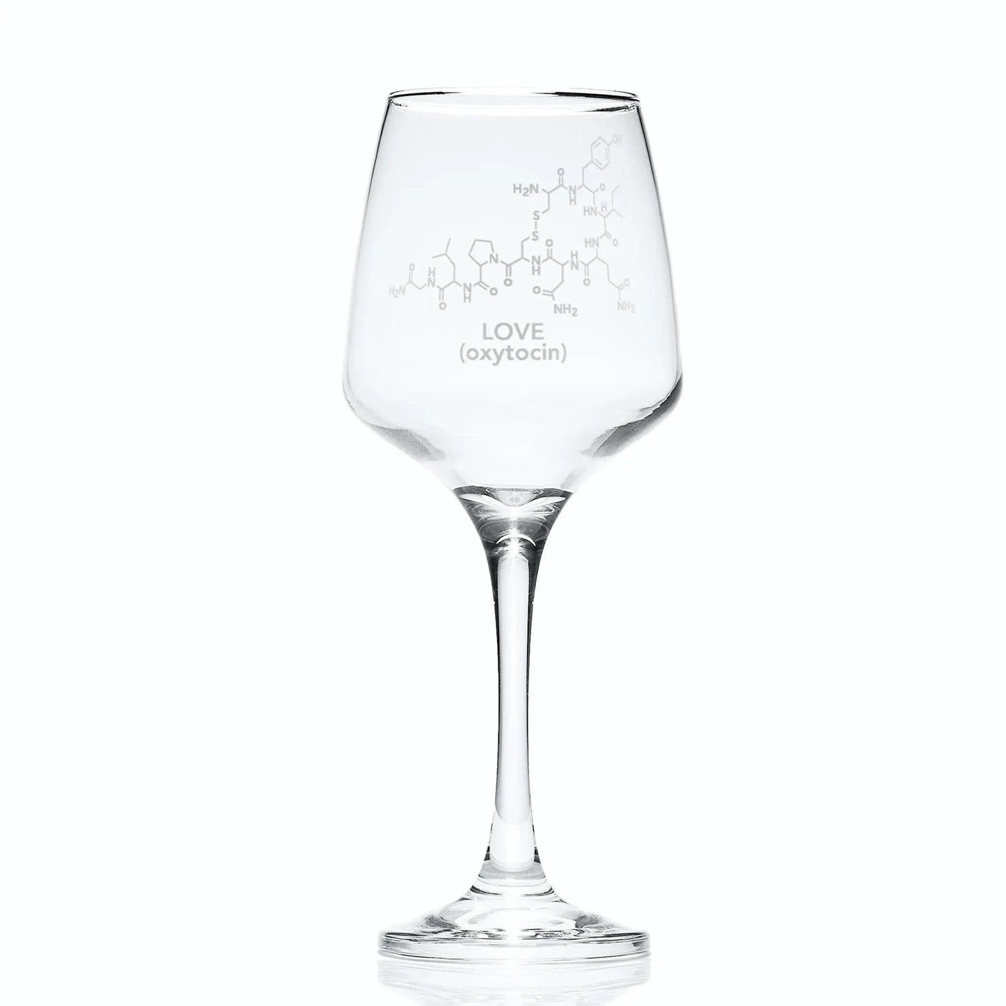 Clear wine glass with love molecular design and text on a white background