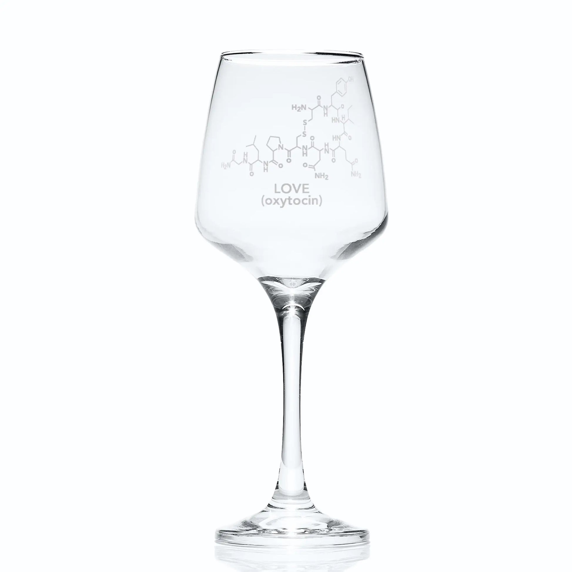 Clear wine glass with love molecular design and text on a white background