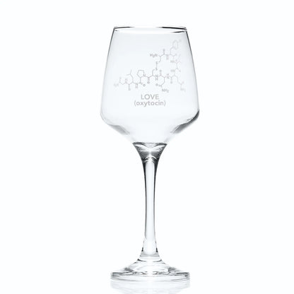 Clear wine glass with love molecular design and text on a white background
