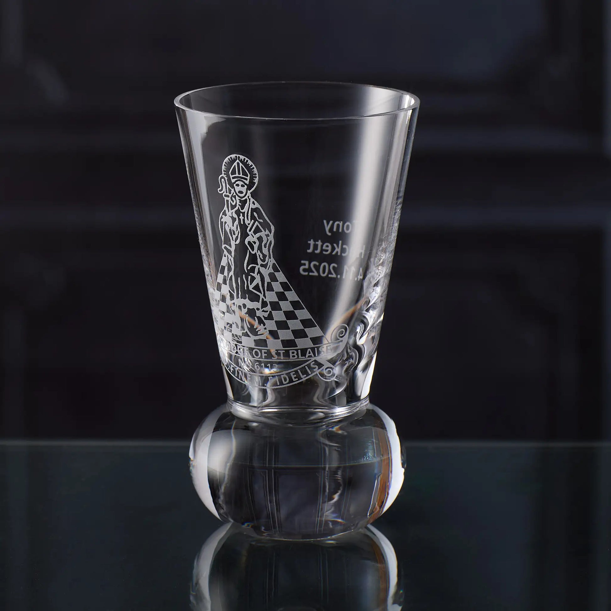 Crystal firing glass engraved with custom masonic lodge design and personalised message