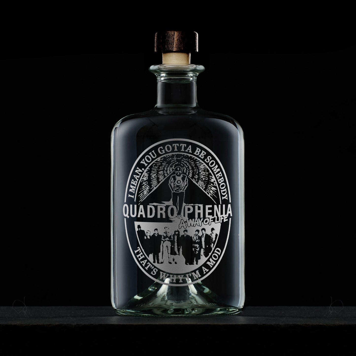 Apothecary decanter engraved with the cast of Quadrophenia, featuring Jimmy in the subway, the quote A Way of Life, and I mean, you gotta be somebody