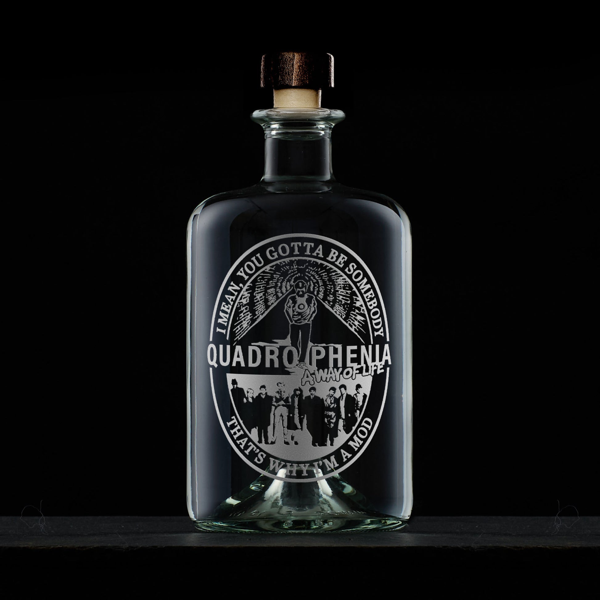 Apothecary decanter engraved with the cast of Quadrophenia, featuring Jimmy in the subway, the quote A Way of Life, and I mean, you gotta be somebody
