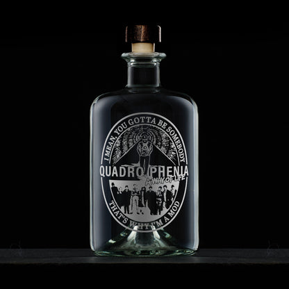 Apothecary decanter engraved with the cast of Quadrophenia, featuring Jimmy in the subway, the quote A Way of Life, and I mean, you gotta be somebody