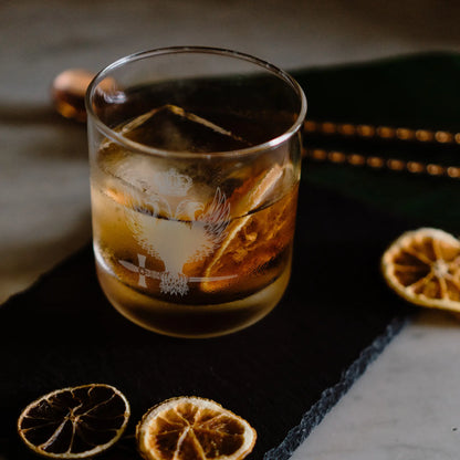 Masonic whisky glass engraved with Rose Croix 32nd Degree double-headed eagle