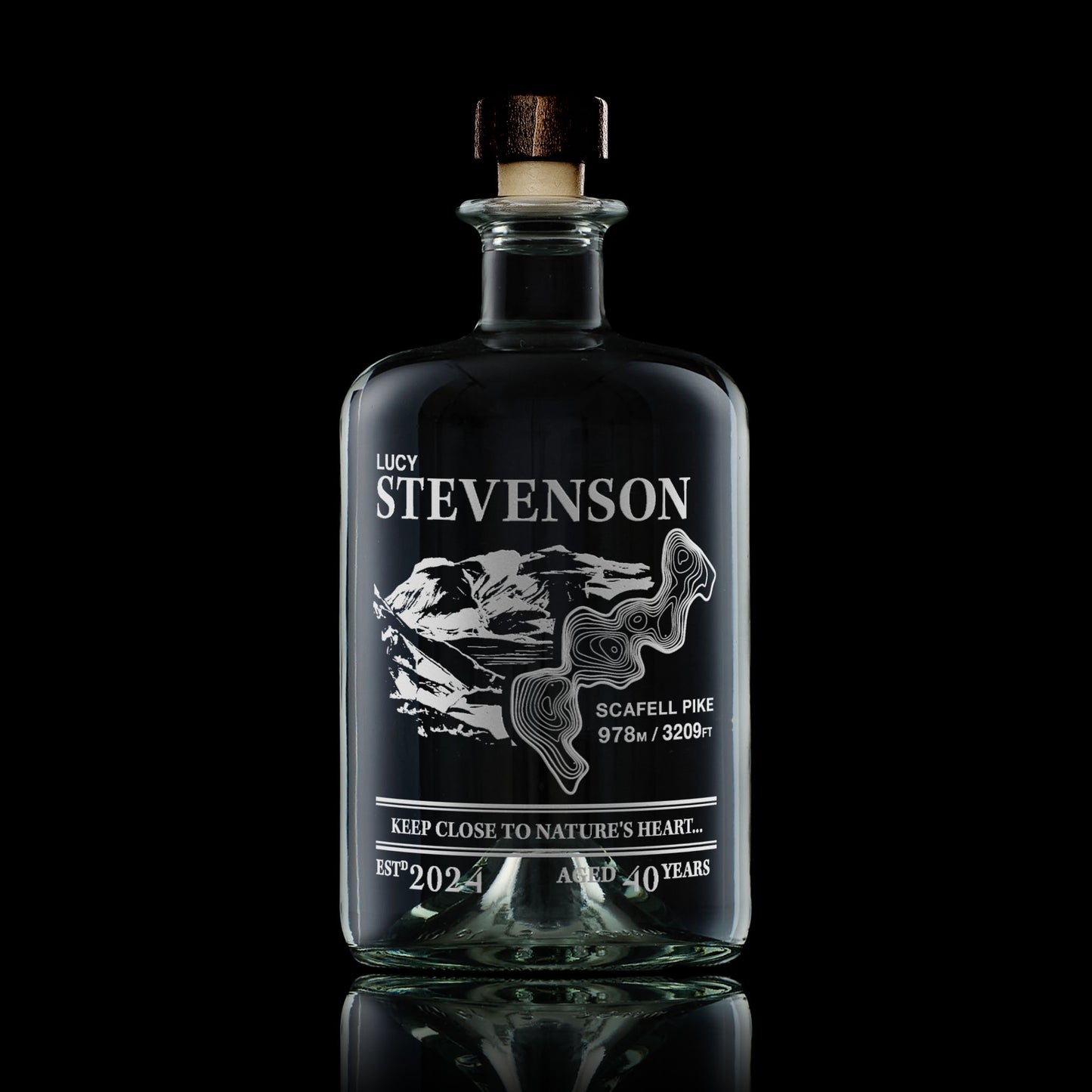700ml curved glass decanter engraved with Scafell Pike illustration, topographic map, and personalised details