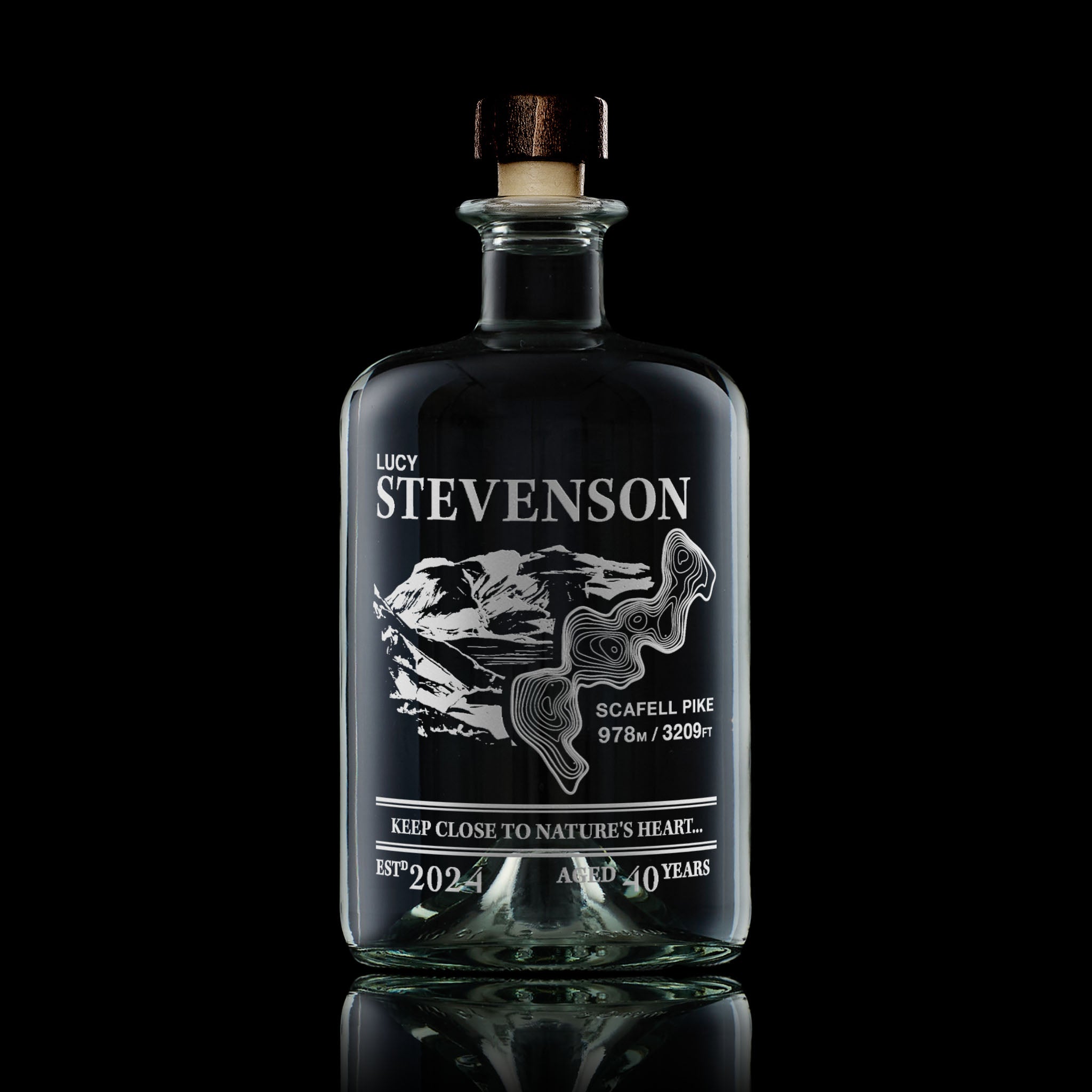 700ml curved glass decanter engraved with Scafell Pike illustration, topographic map, and personalised details