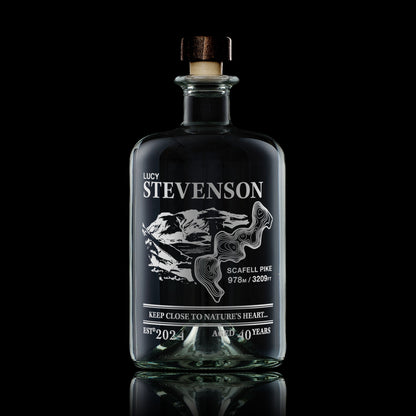 700ml curved glass decanter engraved with Scafell Pike illustration, topographic map, and personalised details