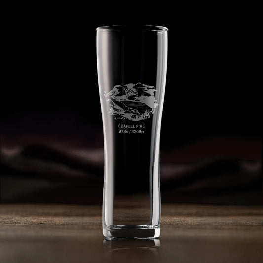 Tall pint glass engraved with Scafell Pike, the highest mountain in England and personalised text