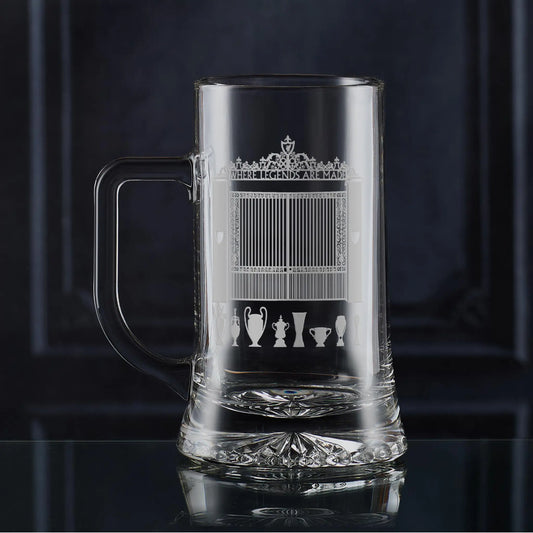 Liverpool engraved tankard with championship trophy design and the Shankly Gates, entrance to LFC's football stadium.