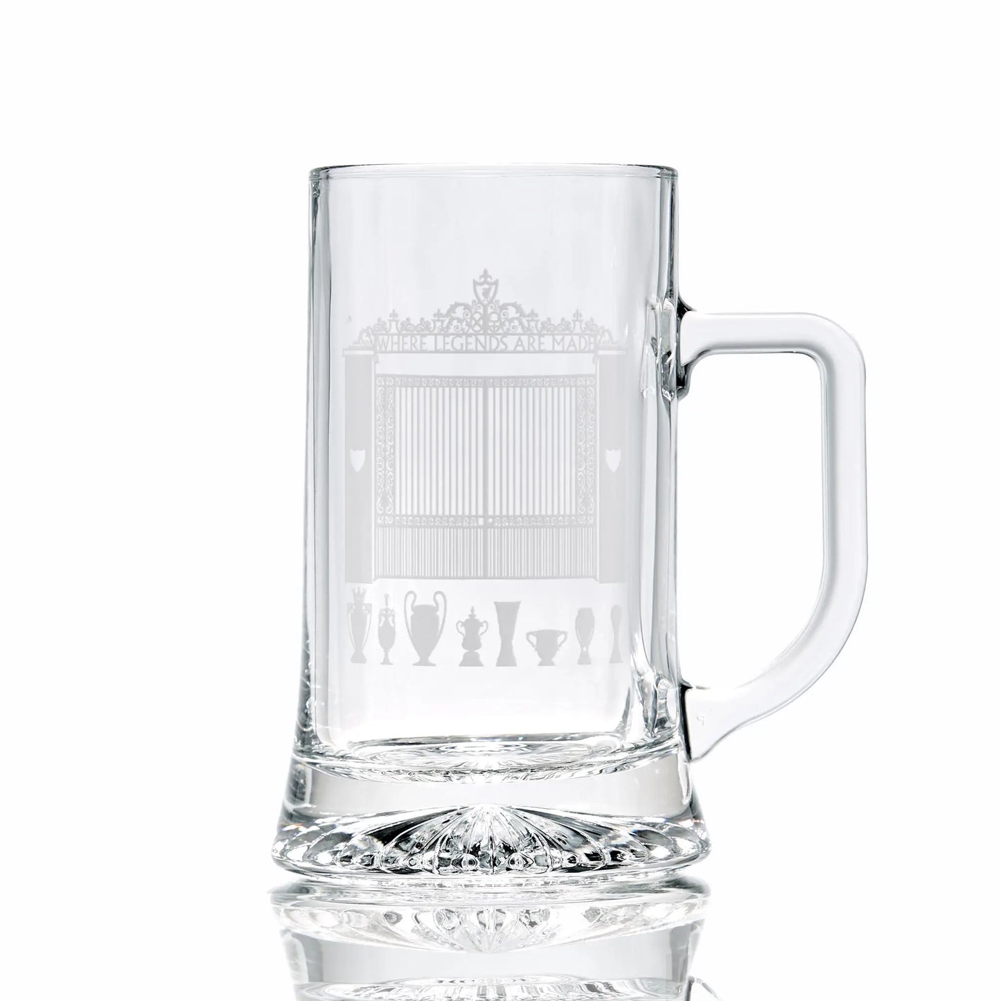 Beer tankard engraved with football trophies and Anfield's Shankly Gates design on a white background