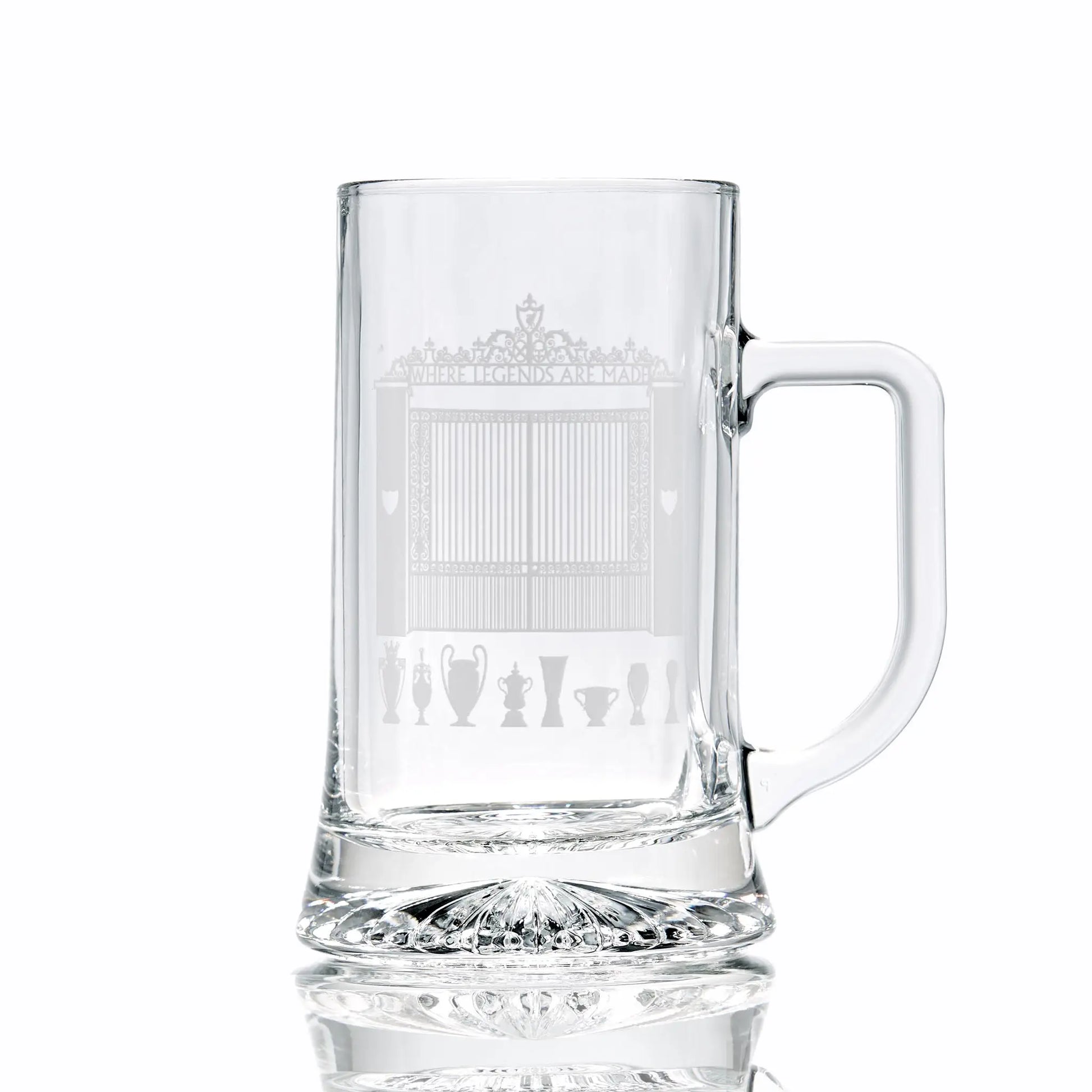Beer tankard engraved with football trophies and Anfield's Shankly Gates design on a white background