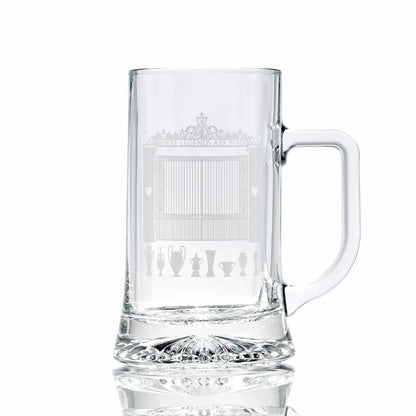 Beer tankard engraved with football trophies and Anfield's Shankly Gates design on a white background
