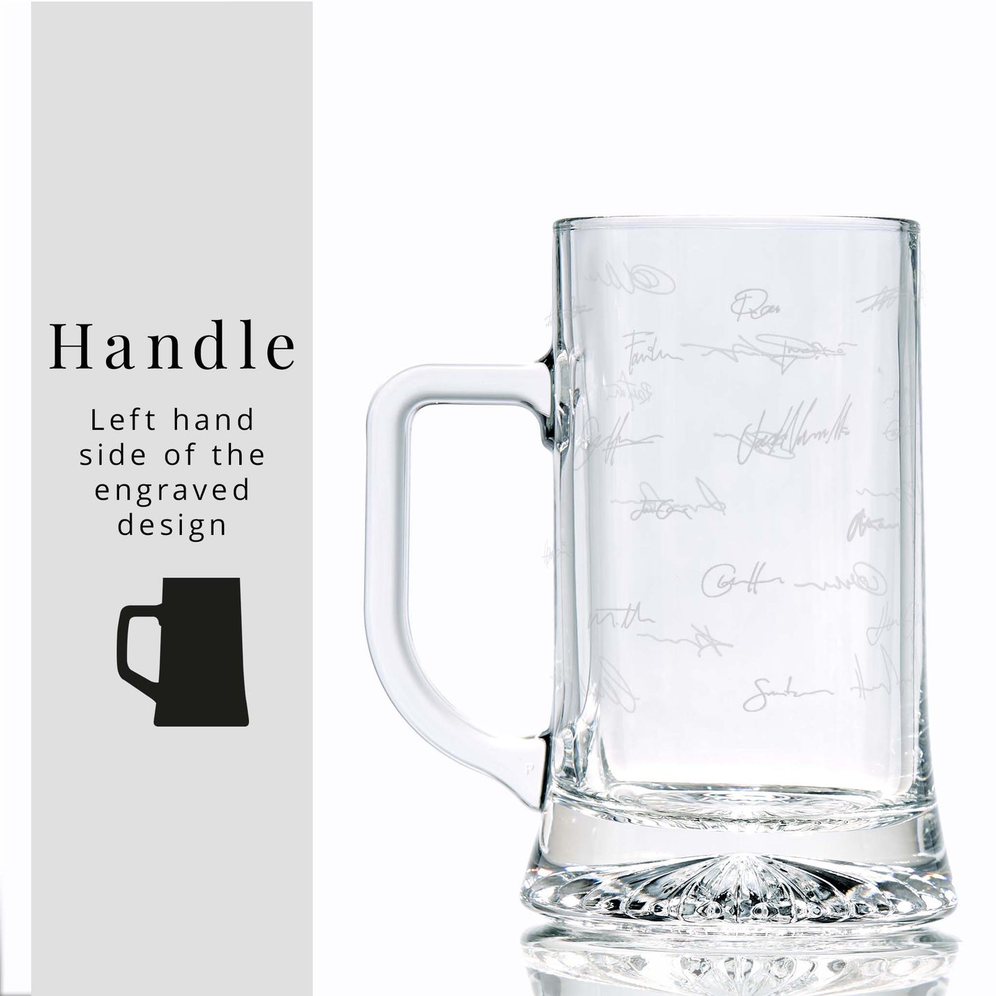 Glass beer tankard with engraved collegues handwritten signatures on a white background