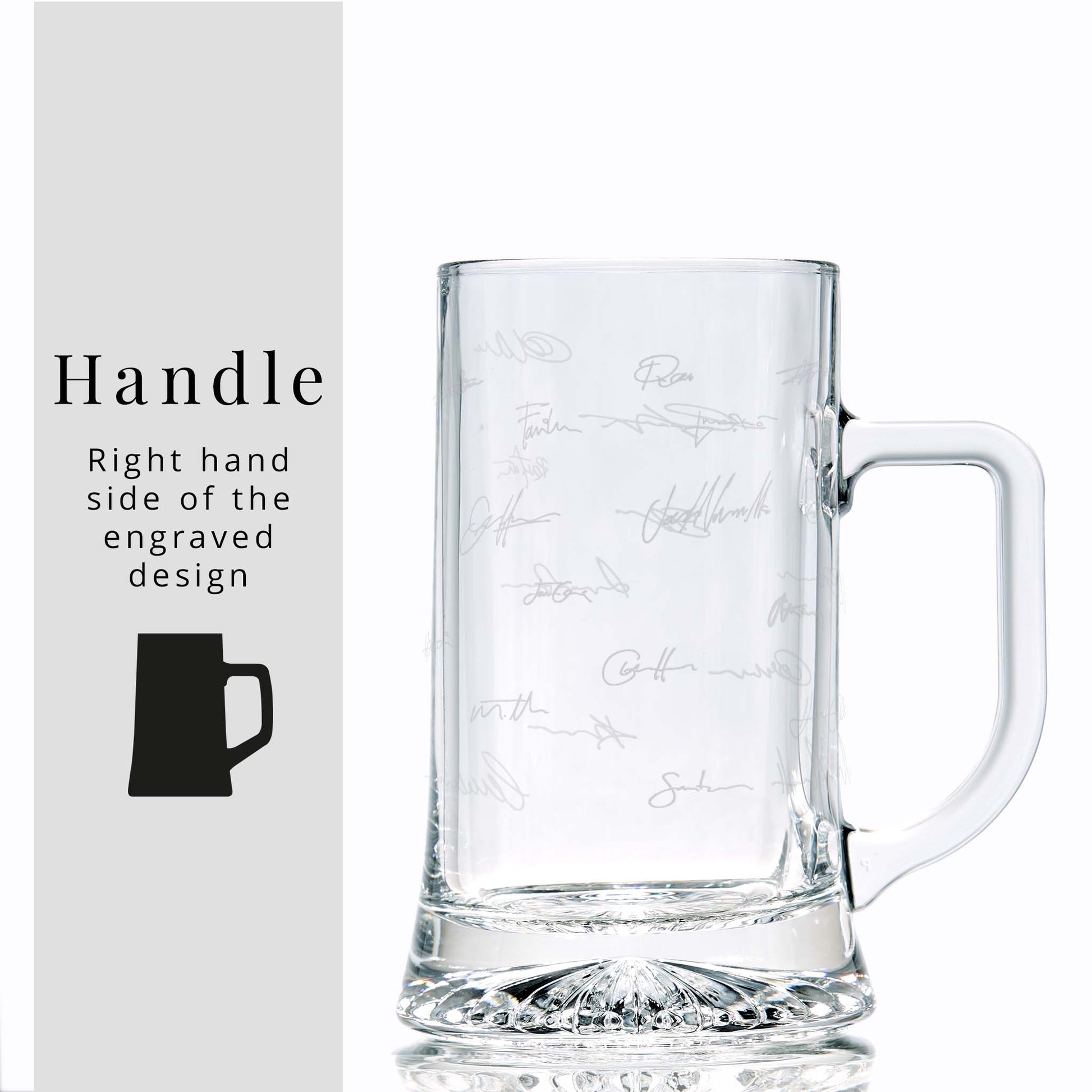 Engraved signature tankard on white background to show the shape, handle, and sturdy base of the glass