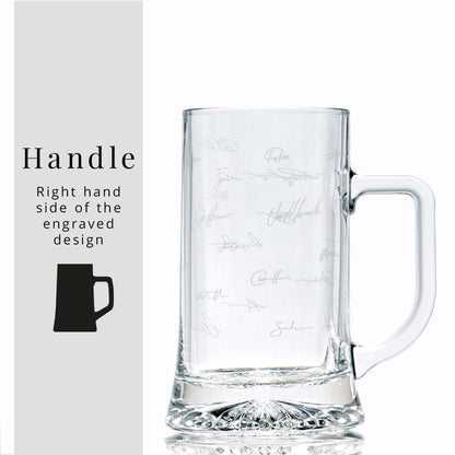 Engraved signature tankard on white background to show the shape, handle, and sturdy base of the glass
