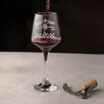 Engraved wine glass featuring the Original Beat Girl on a checkerboard floor with ska lyrics 