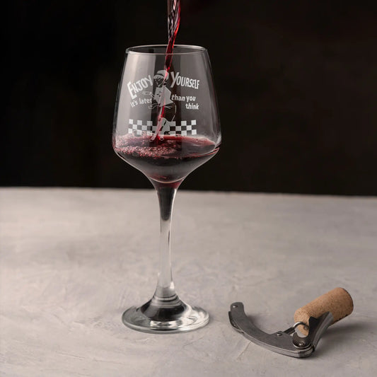 Engraved wine glass featuring the Original Beat Girl on a checkerboard floor with ska lyrics 