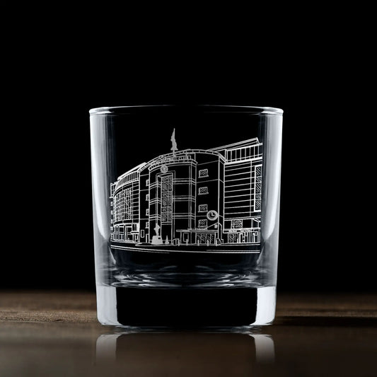 Whisky glass with engraved Stamford Bridge Stadium design and space for personalised text.