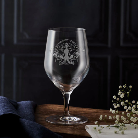 Stemmed mineral water glass engraved with Lotus Mandala Design and female Suhasana pose