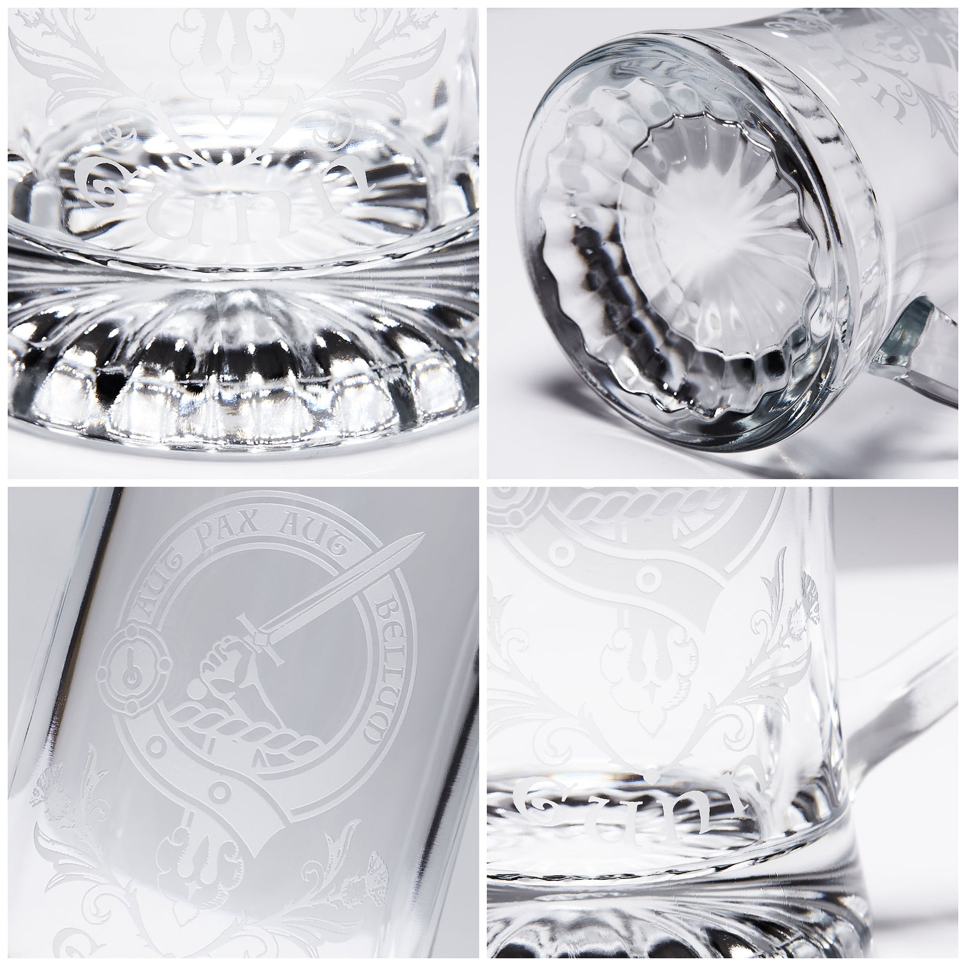 close up details of sandblast engraving on a glass tankard