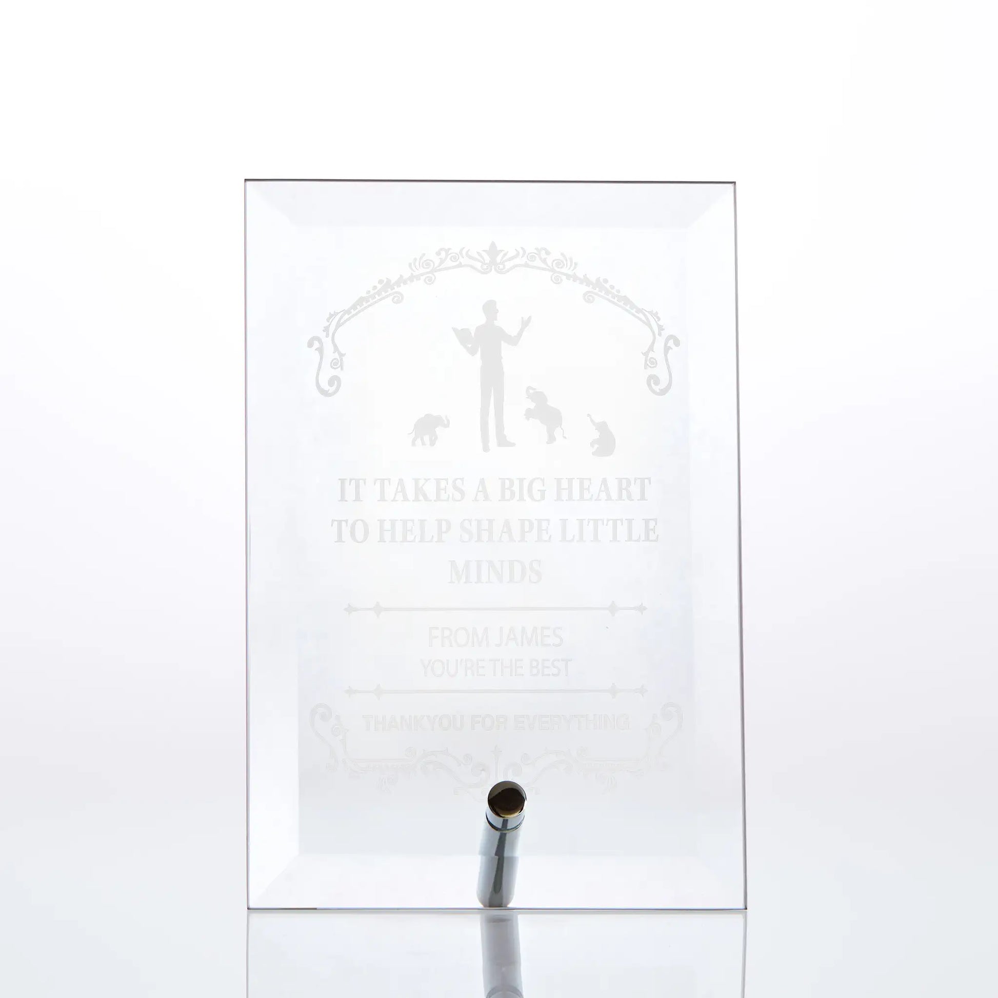 Bevelled display glass plaque engraved with a thankyou message to a special teacher