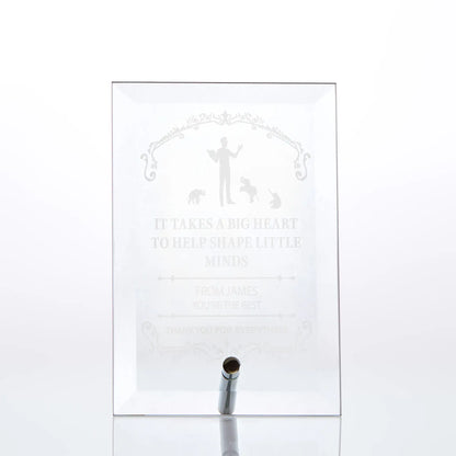Bevelled display glass plaque engraved with a thankyou message to a special teacher