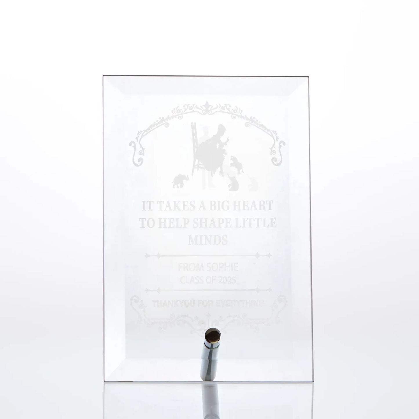 Bevelled glass plaque engraved with a message of appreciation nursery school teacher