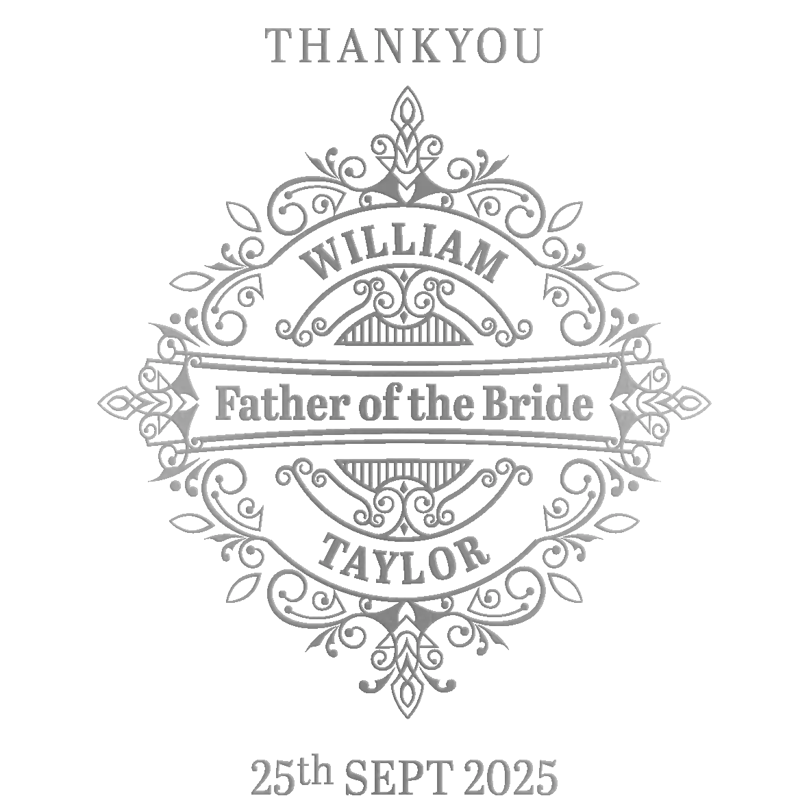 Decorative thank you engraving for wedding glassware with personalised text on a white background.