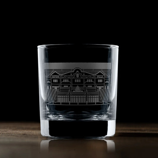 Engraved Villa Park whisky glass with football stadium line-art design