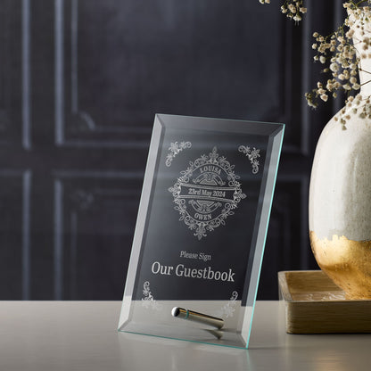 Engraved glass wedding guestbook plaque with Venetian-inspired design and classical flourishes
