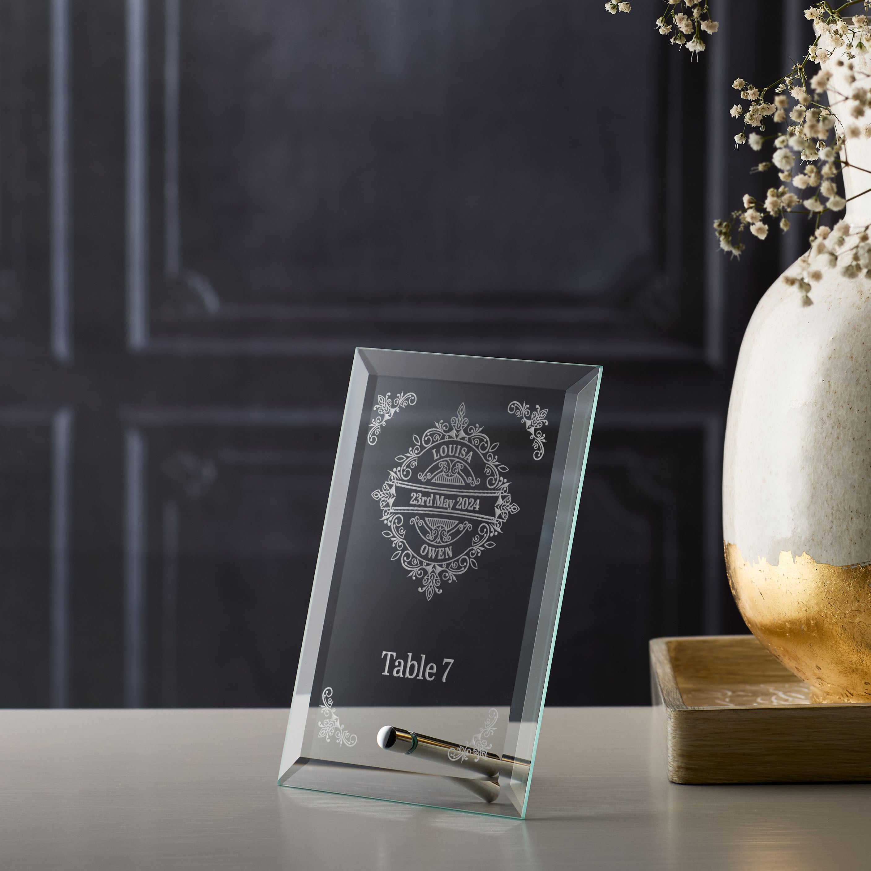 Engraved Venetian wedding table plaque with personalised name or number