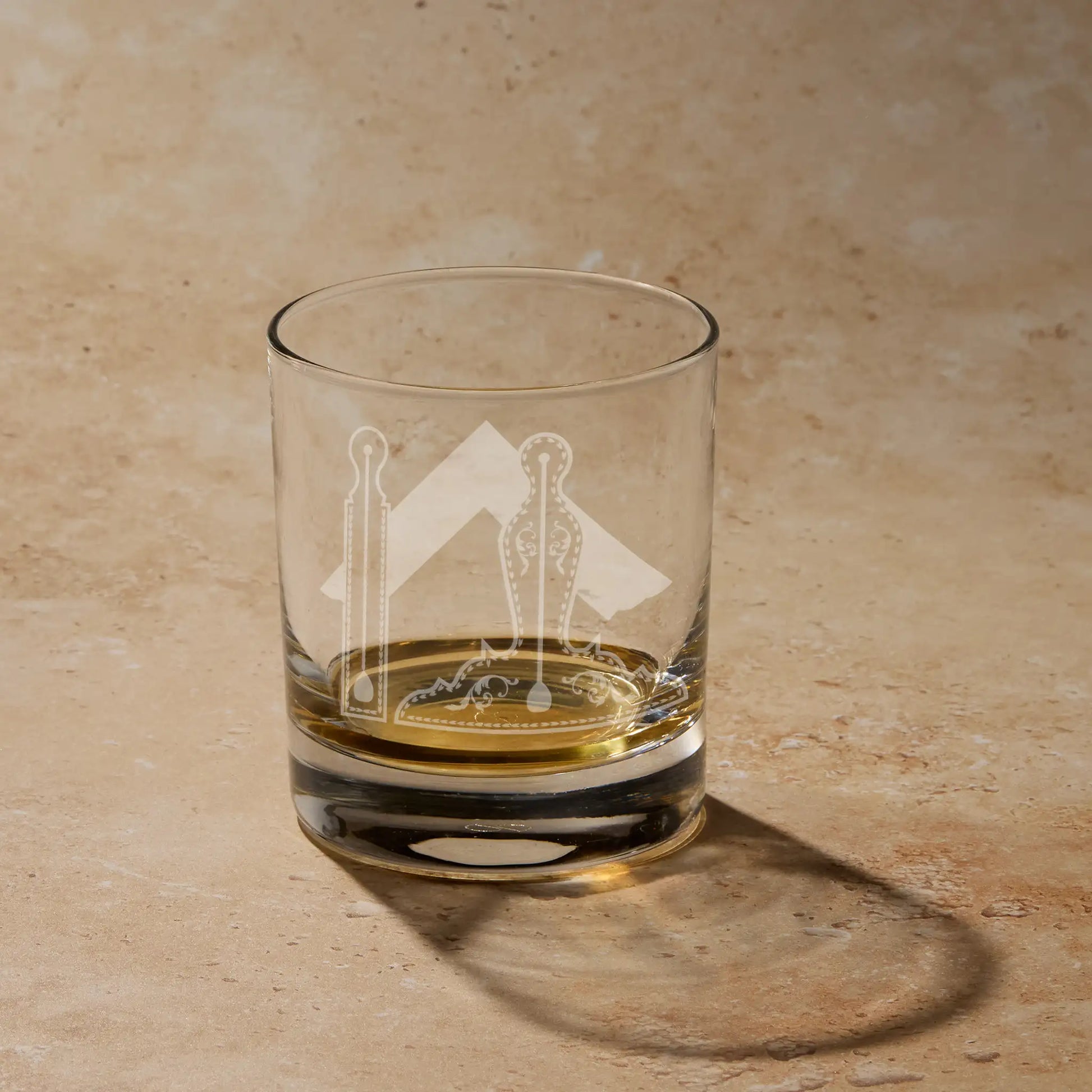 Whisky glass engraved with the Masonic 2nd degree working tools - Square, Level and Plumb Rule