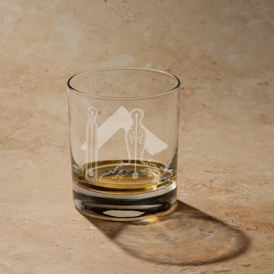 Whisky glass engraved with the Masonic 2nd degree working tools - Square, Level and Plumb Rule