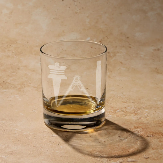 Masonic whisky glass engraved with the master masons working tools - Skirret, Pencil and Compasses
