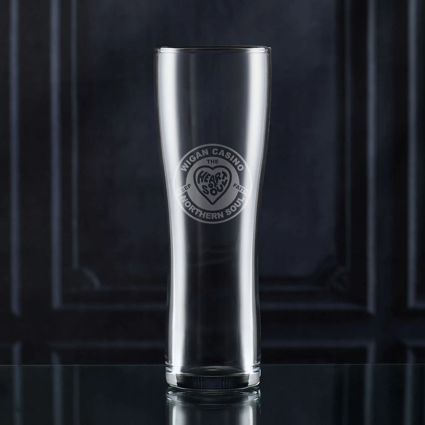 Wigan Casino pint glass engraved with Northern Soul patch, love heart, “Heart and Soul” and “Keep the Faith” text