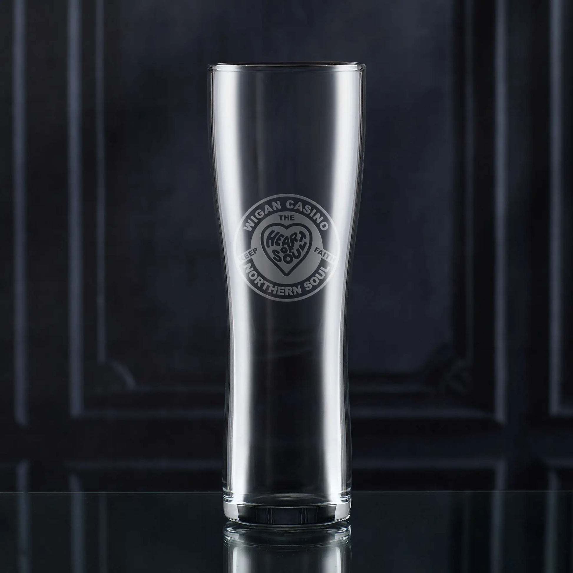 Wigan Casino pint glass engraved with Northern Soul patch, love heart, “Heart and Soul” and “Keep the Faith” text