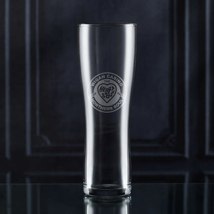 Wigan Casino pint glass engraved with Northern Soul patch, love heart, “Heart and Soul” and “Keep the Faith” text